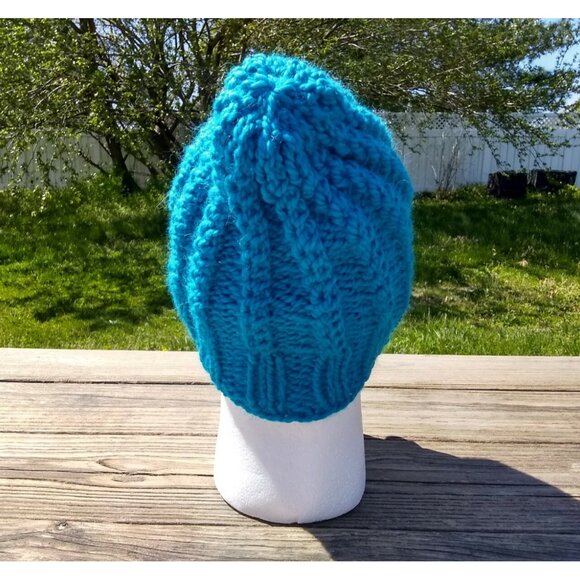 Women's Handmade Alpaca Beanie Twisted Rib Hat Wool Cap Skully Turquoise Blue - Picture 4 of 9